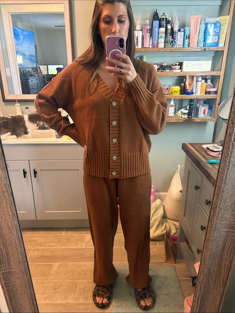 Amazon ANRABESS Cozy Knit Button-Front Pants Set in Brown